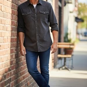 Wrangler Dark Gray Denim Snap Button Up Shirt Large Western Country Rodeo